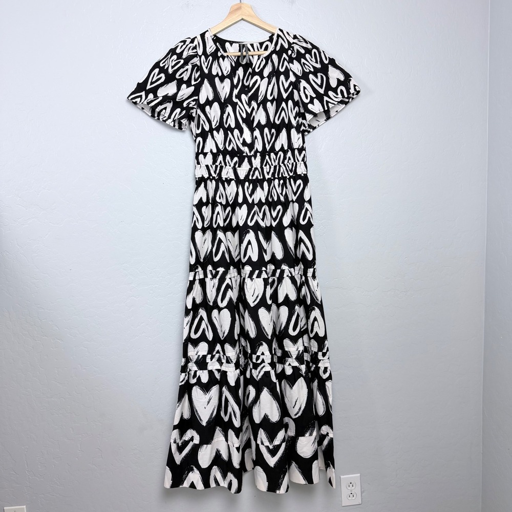 Anthropologie Somerset Heart Print Tiered Maxi Dress Black White Cotton XS